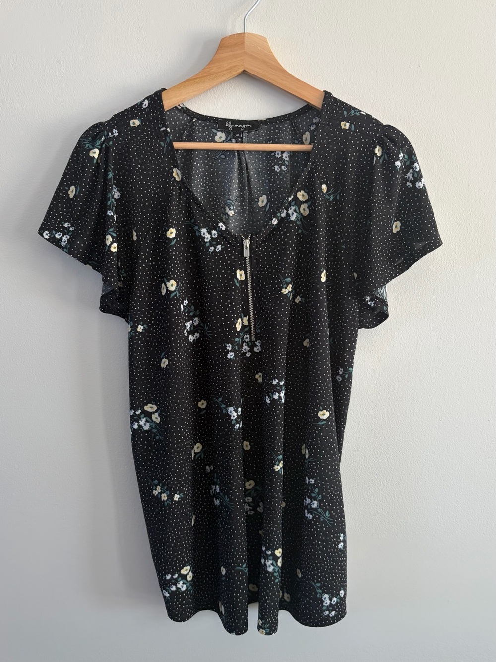 Polka Dot Floral Zip-Front Black Top